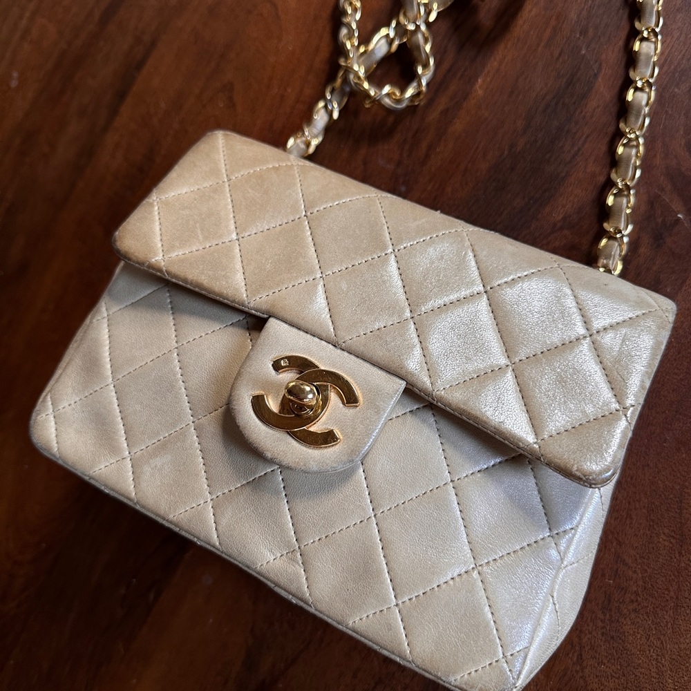Authentic Chanel Lambskin Beige mini classic square flap shoulder/crossbody bag